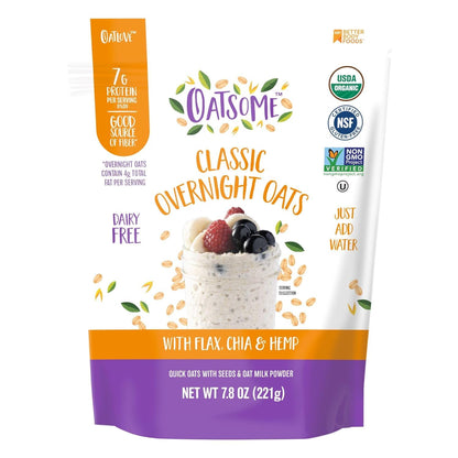 Oatsome Organic Overnight Oats with Chia, Flax, & Hemp, Gluten-Free Oatmeal with 7g of Protein, 7.8oz Bag