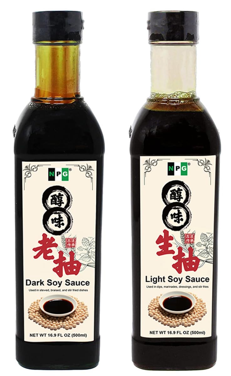 NPG Premium Light and Dark Soy Sauce Set 16.9 FL Oz (Pack of 2) , Soy Dipping Sauces for Fish, Dumpling, Noodles, and Marinade M