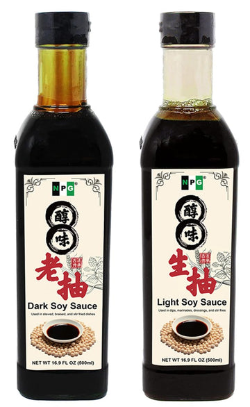 NPG Premium Light and Dark Soy Sauce Set 16.9 FL Oz (Pack of 2) , Soy Dipping Sauces for Fish, Dumpling, Noodles, and Marinade M