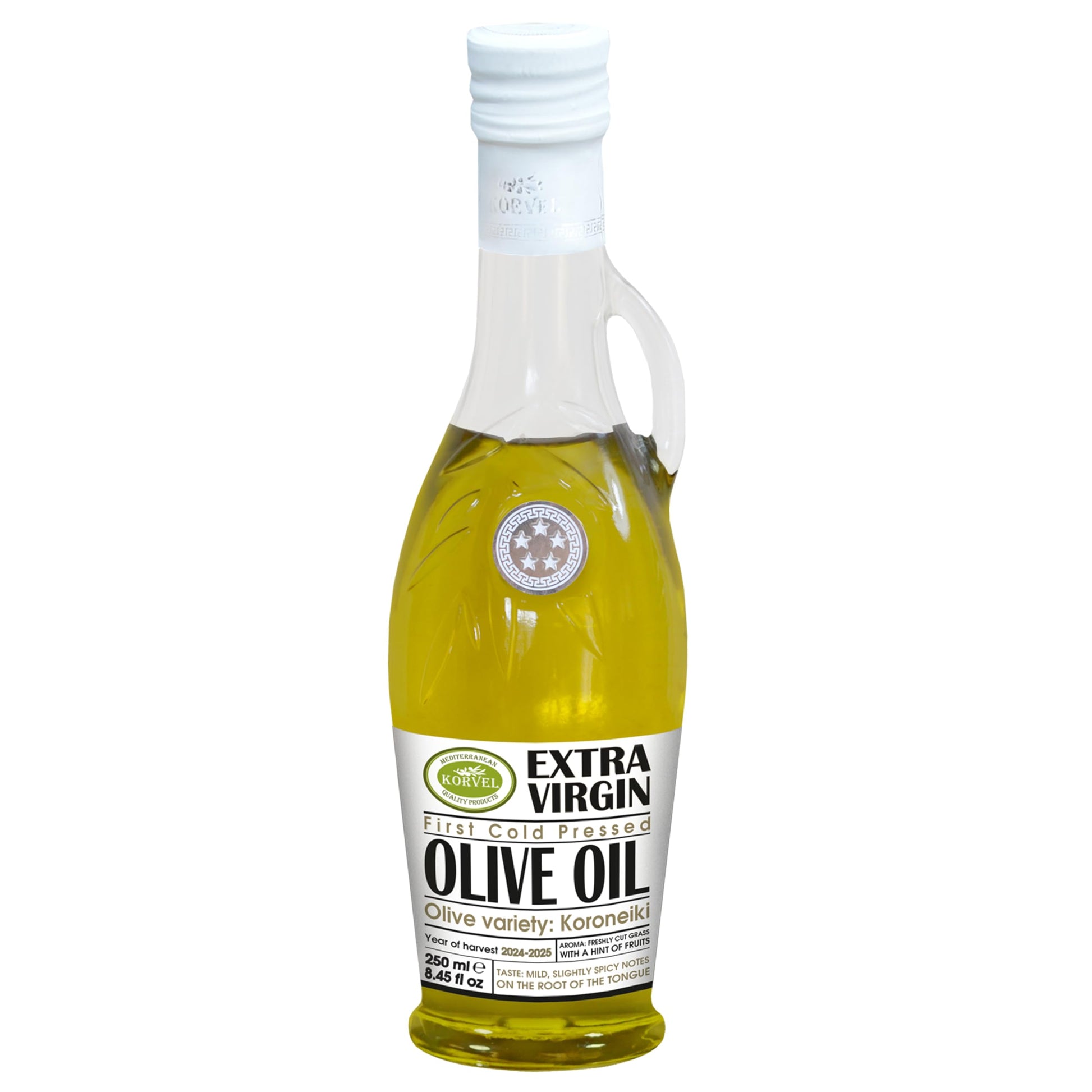 KORVEL Extra Virgin Olive Oil, Glass Bottle, Amphora, 250 ml, 8.45 fl oz
