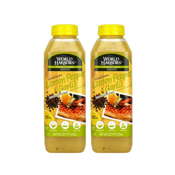 World Harbors Lemon Pepper Garlic Sauce & Marinade, 16 oz (Pack of 2), Ideal for Chicken, Seafood, Grilled Meats, and Salads