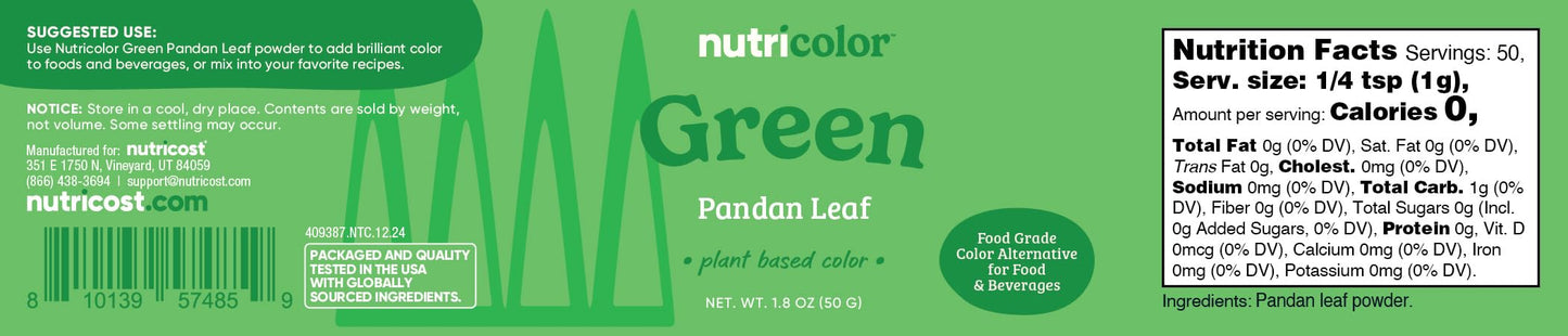 Nutricost Green Plant Based Food Coloring From Pandan Leaf Powder (50 Servings) - Nutricolor Color Alternative For Food & Bevera
