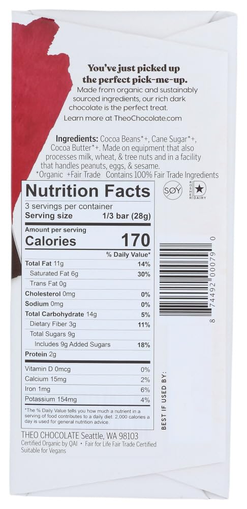 Theo Chocolate Organic Chocolate Bar - Classic - Dark Chocolate - 70 Percent Cacao - Pure - 3 Oz Bars - Case Of 12