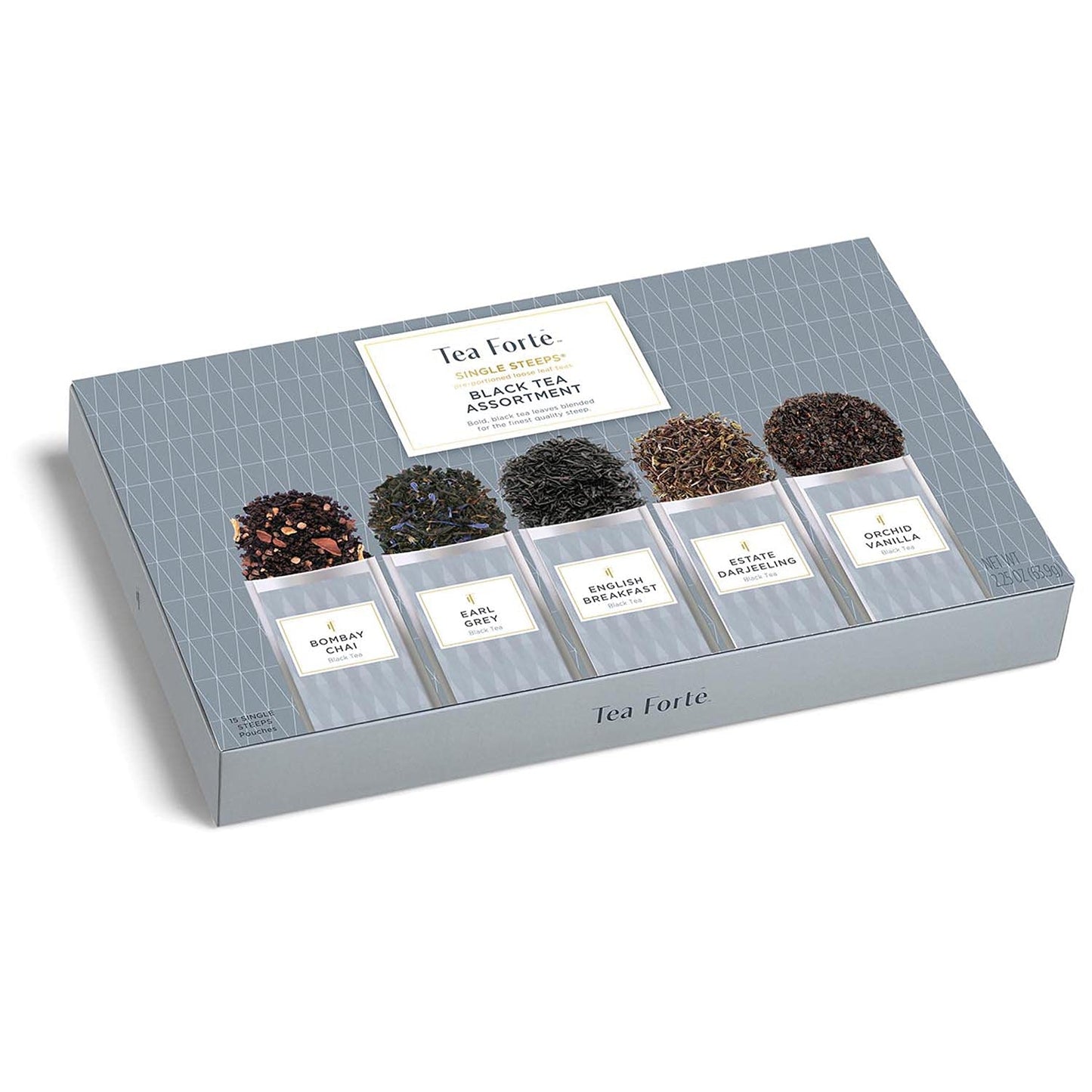 Tea Forte Black Tea Assortment Single Steeps Loose Leaf Enhanced Tea Gift Set Sampler, 15 Count 3 Of Each Assorted Blends, Pre-Portioned Single Serve Pouches, Steeps 12 Oz