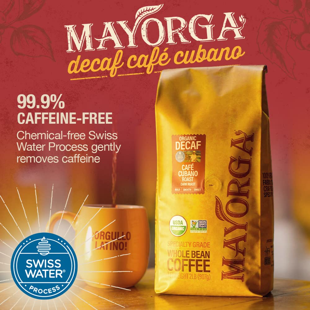 Mayorga Decaf Dark Roast Coffee 2Lb Bag Caf   Swiss Water Decaffeinated Cubano Roast Coffee - 100% Arabica Whole Coffee Beans -