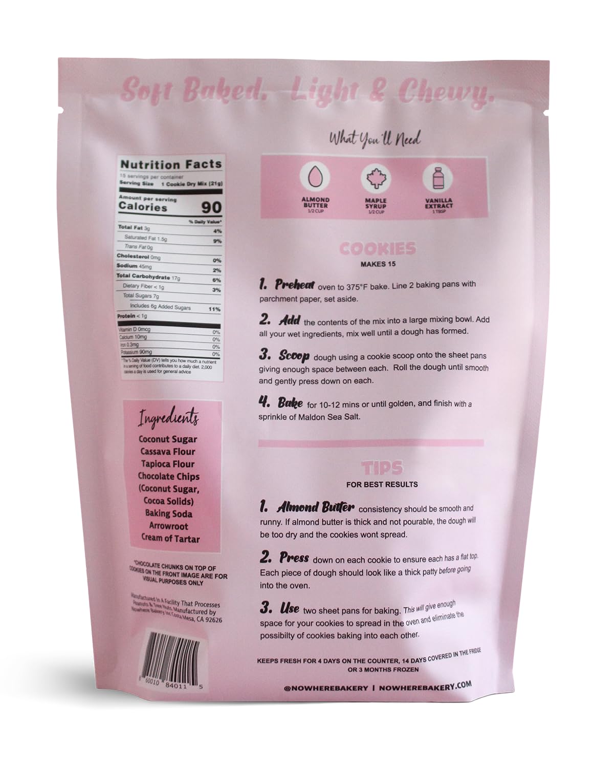 NOWHERE BAKERY Vegan Gluten Free Paleo Chocolate Chip Cookie Baking Mix (Makes 15 cookies) - Allergen Friendly, Nut Free No Refi