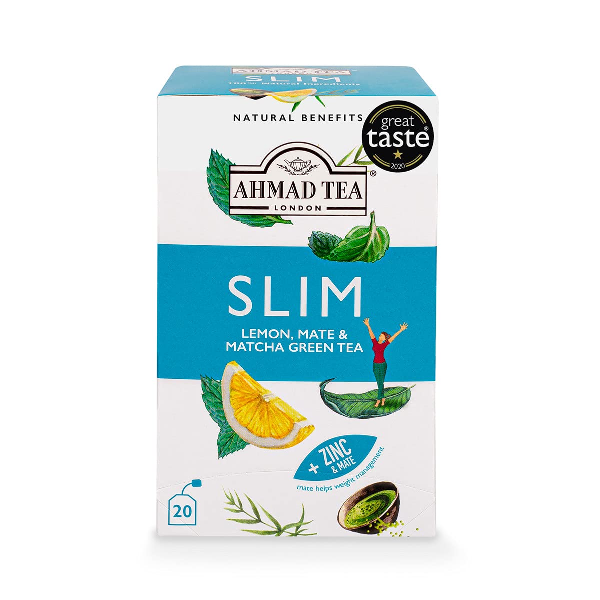 Ahmad Tea Green Tea Teabags, Slim Blend with Lemon, Mate & Matcha, 20 Count, Caffeinated & Sugar-Free, Model 2035-U