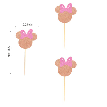 Arthsdite 24Pcs Mouse Inspired Cupcake Toppers With Pink Bow Rose Gold Glitter Mouse Cake Decorations For Baby Shower Wedding Ki