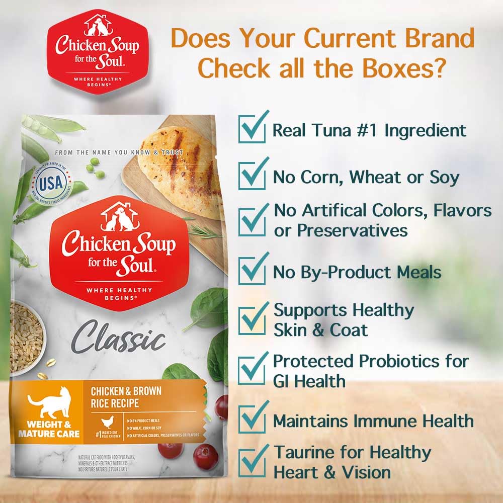 Chicken Soup For The Soul All Natural Enhanced Indoor W/Hairball Care Mature-Themed Dry Cat Food, Real Meat First Ingredient, No By-Products, Supports Intestinal Health, Chicken & Brown Rice, 12Lb
