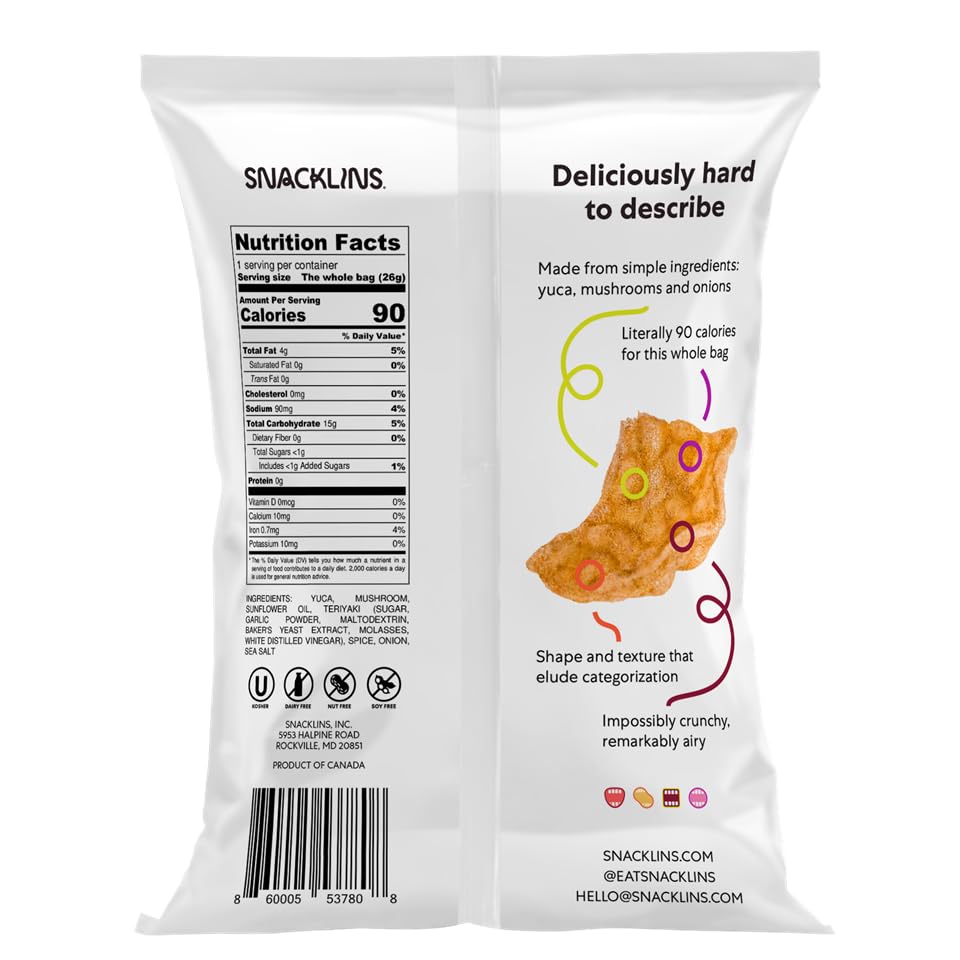 Snacklins Plant Based Crisps Teriyaki - Gluten Free, Grain Free, 100% Kosher, Vegan Healthy Snacks, Crunchy Puffed Snack, Only 1