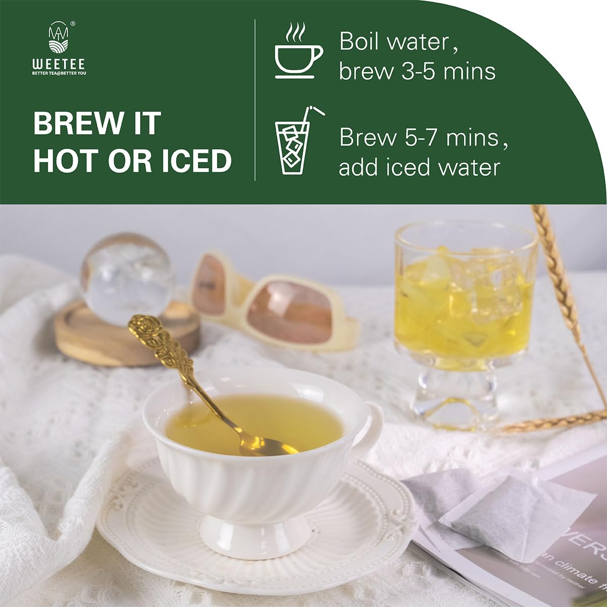 Wt Weetee Organic Sencha Green Tea Bags, Organic Steamed Green Tea 100 Count, Natural Caffeine & Antioxidant, Good For Hot Iced Cold