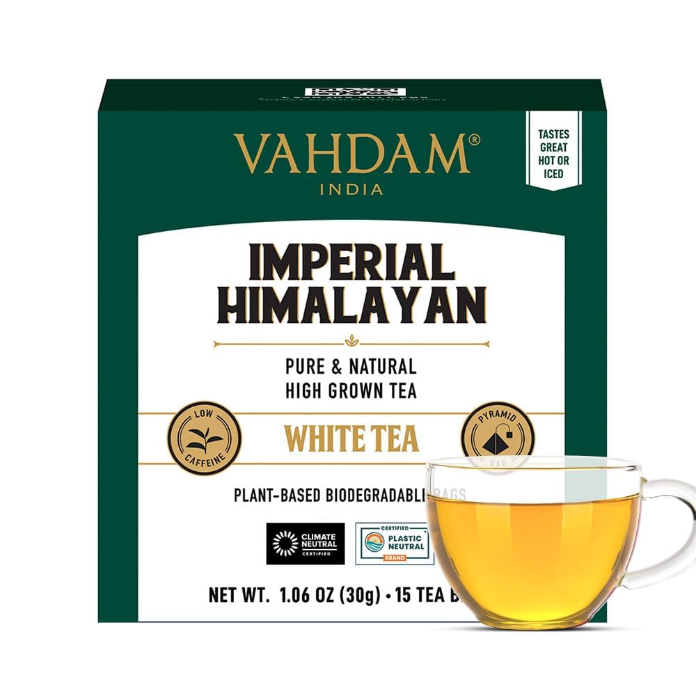 VAHDAM Imperial Himalayan White Tea Bags, Low Caffeine, Non-GMO, Gluten-Free, 15 Count, Off-white, Individually Wrapped Pyramid Bags