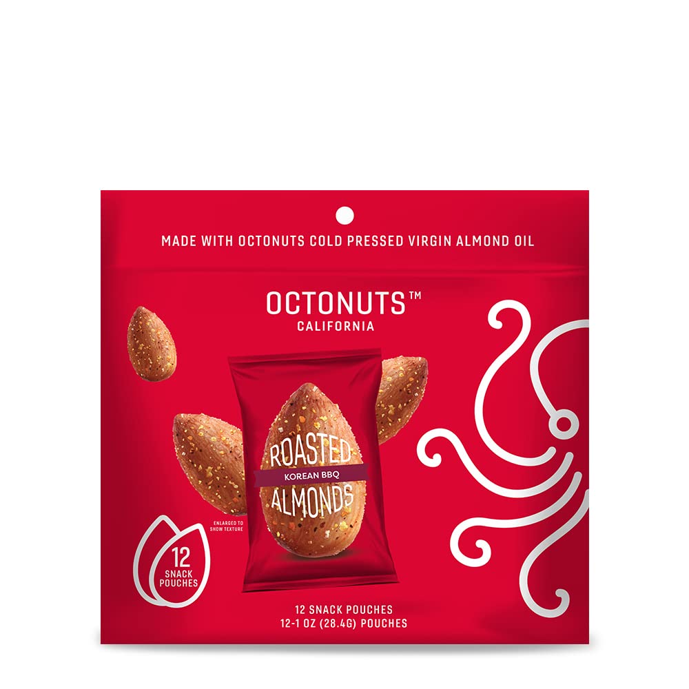 Octonuts Korean BBQ Almonds - 12 Individually Wrapped Snack Packs (1oz Each), Healthy Snacks for Adults and Kids, Non-GMO, Keto