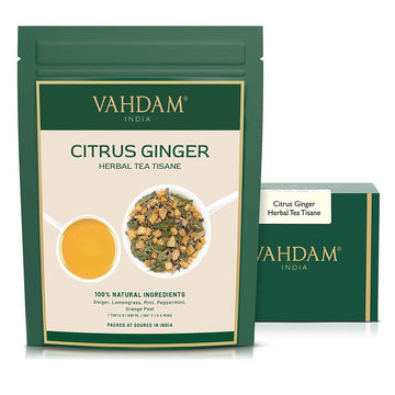 Vahdam, Citrus Ginger Herbal Tea Tisane (50 Cups, 3.53 Oz) Gluten Free, Non Gmo | Ginger, Lemongrass, Orange Peels, Mint | Herba