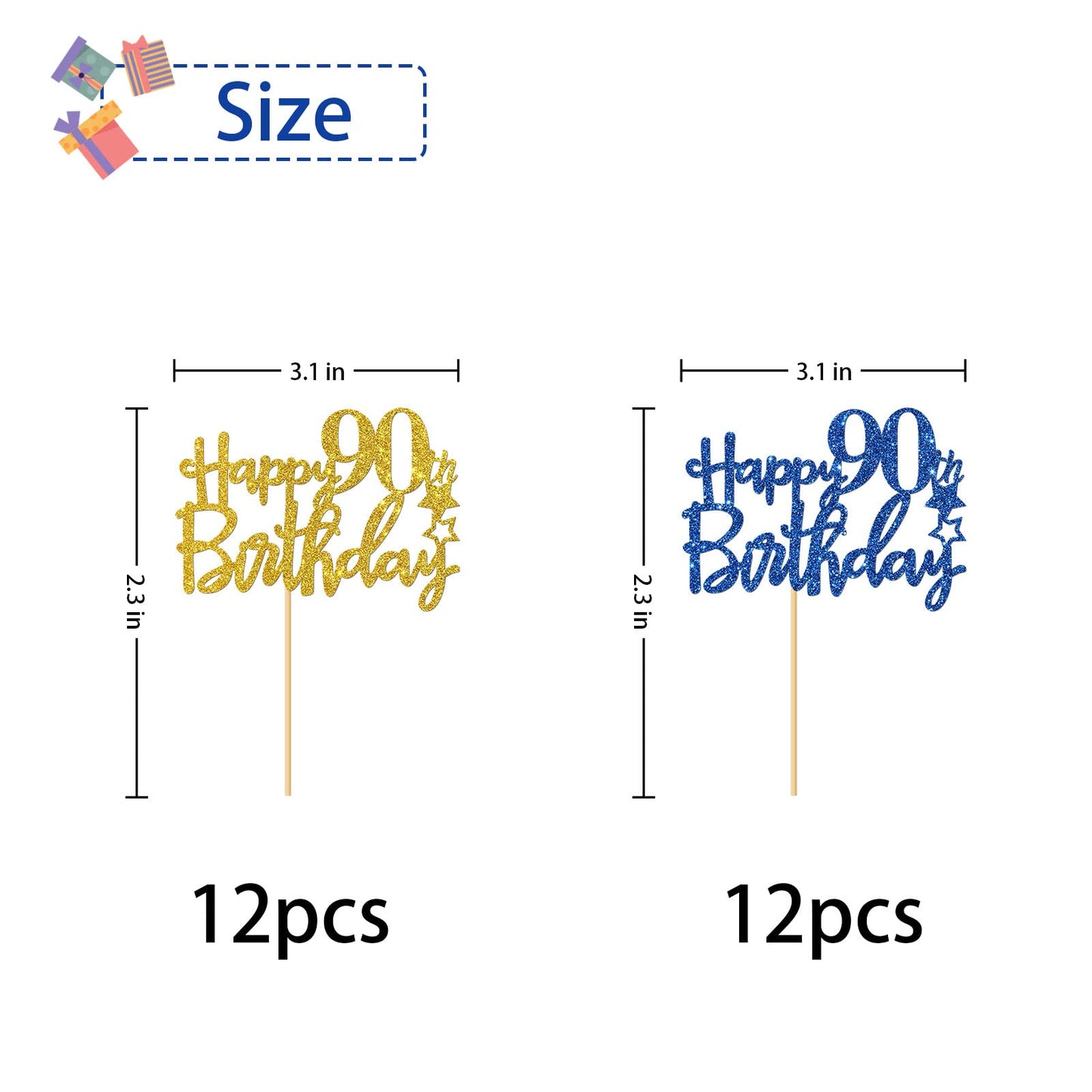 Roadsea Happy 90Th Birthday Cupcake Toppers - Women Men 90 Years Old Birthday Cupcake Supplies - 90Th Birthday Party Decorations