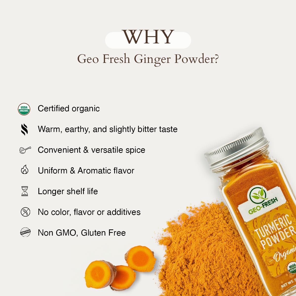 Geo-Fresh Organic Turmeric, Non-GMO, Gluten Free, 1.76 oz (50g), USDA Certified