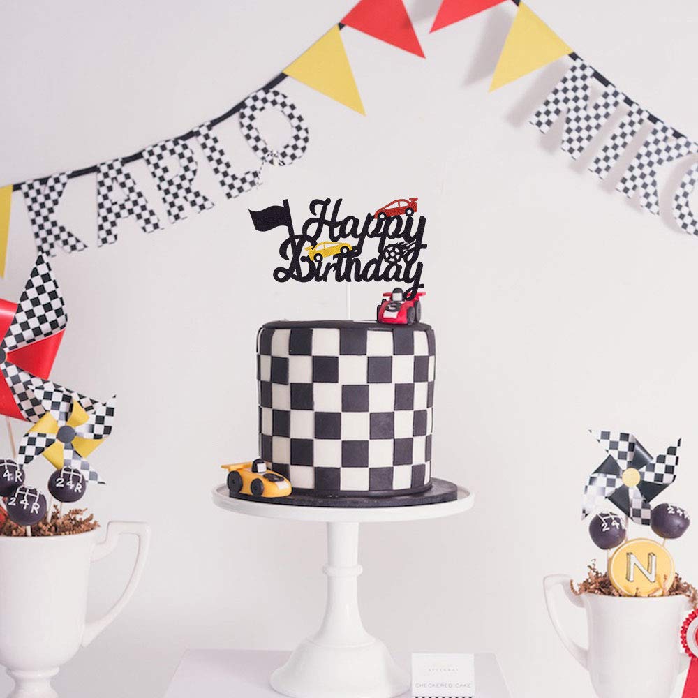 Marwey Race Car Cake Topper - Double-Sided, Paper, 1 Count, Chequered Flag Birthday Party Decorations, Happy Birthday Theme