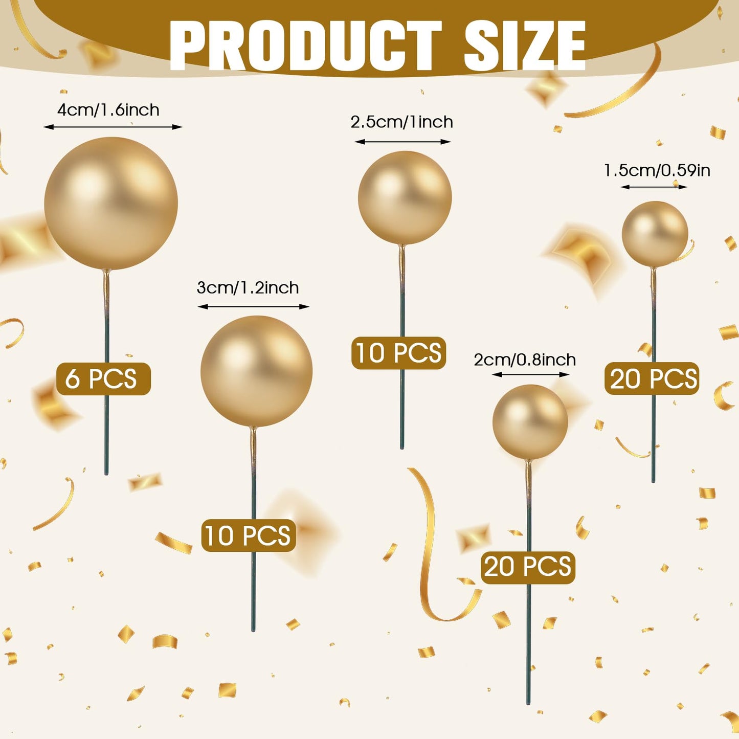 66 Pcs Gold Cake Balls For Decorating - 4 Size Round Ball Cake Topper, Foam Decorations, Balloon Cupcake Toppers For Wedding Bir