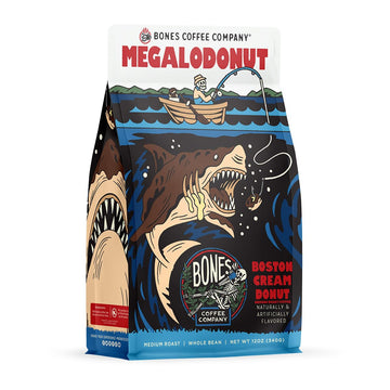 Bones Coffee Company Megalodonut Whole Coffee Beans Boston Cream Donut Flavor, Low Acid Flavored Coffee, Made With Arabica Coffee Beans, Medium Roast Gourmet (12 Oz)