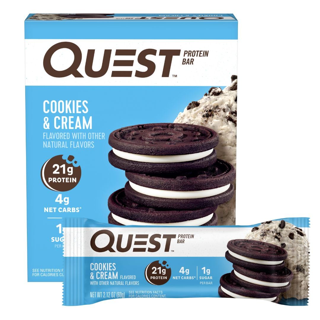 Quest Nutrition Cookies & Cream Protein Bars, 21g Protein, 4g Net Carbs, 1g Sugar, High Fiber, Gluten Free, Keto Friendly, 4 Count