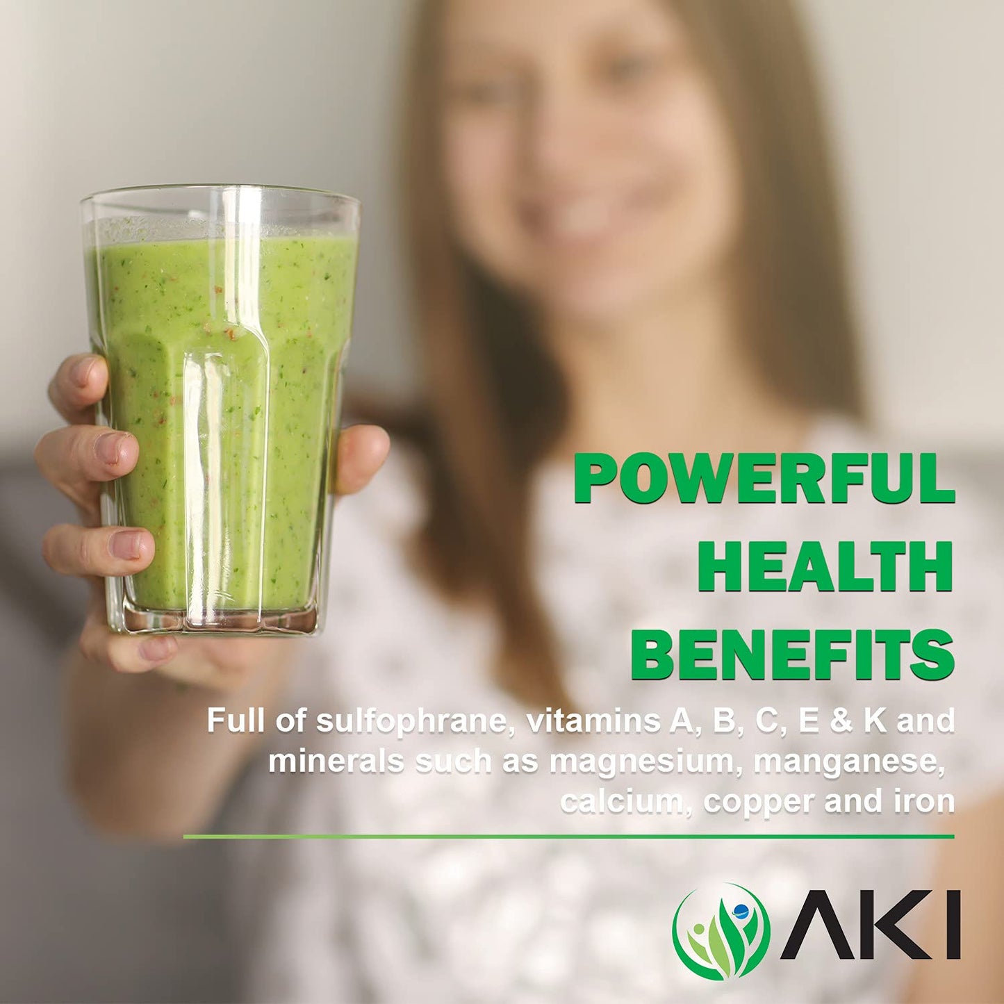 AKI Broccoli Sprout Powder - Ideal in Vitamins & Sulforaphane - Superfood for Green Veggie Smoothie Beverage or Meal - Non GMO (