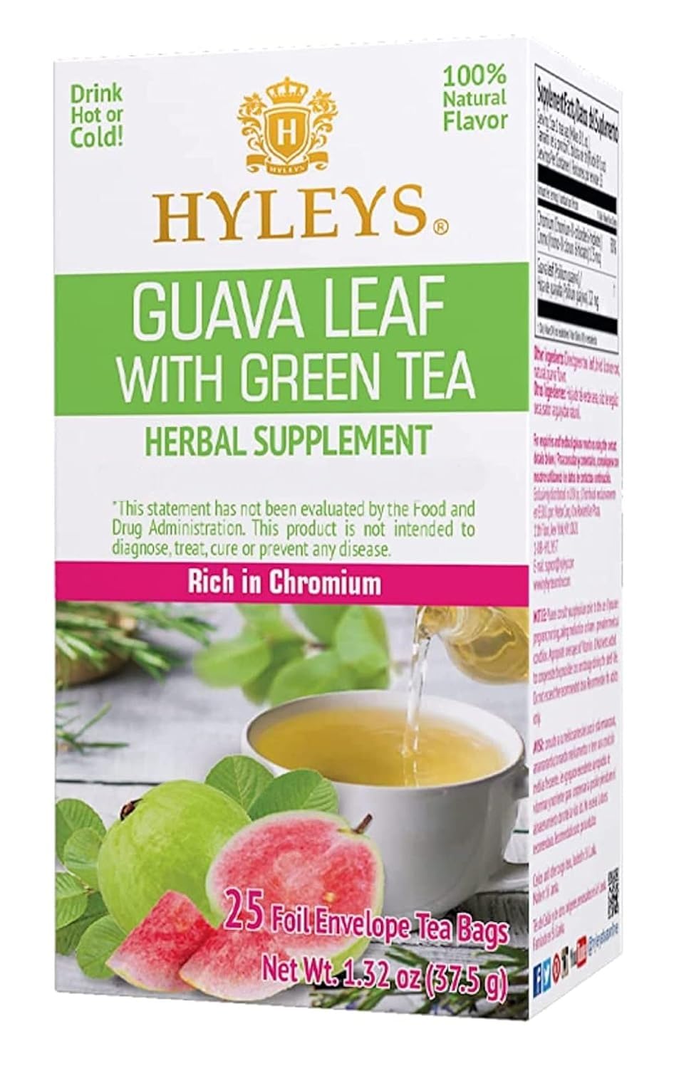 Hyleys Guava Leaf and Green Tea Blend - Natural Guava Flavor - 25 Tea Bags with Chromium, Licorice Root