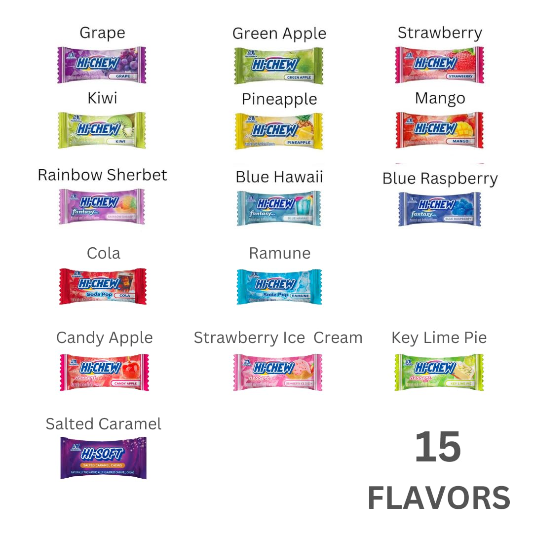 Hi-Chew Variety Mix, Pack Of 6 Bags Including Salted Caramel -15 Flavors Asst - Unique Fun Soft & Chewy Taffy Candy - Immensely Juicy Fruit Flavors - Individually Wrapped For Sharing