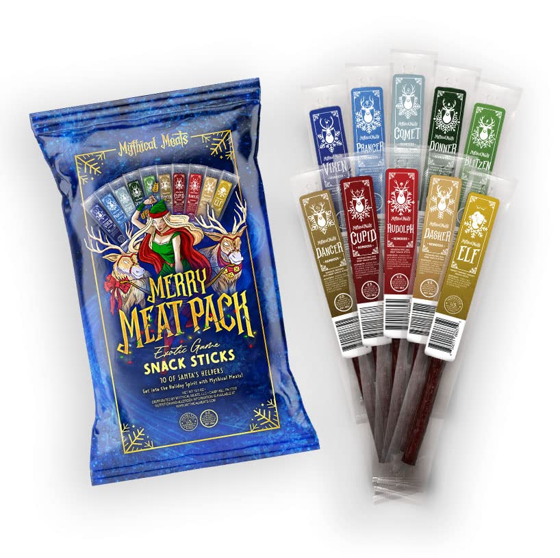 Mythical Meats Merry Meat Pack - 10 Holiday Themed Venison and Beef Snack Sticks - Dried & Dehydrated Meats Flavored to Perfecti