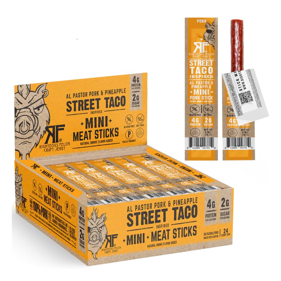 Righteous Felon Meat Sticks Minis | 100% Pork Sticks | Gluten Free Meat Sticks | Low Sugar & High Protein Pork Sticks | Healthy Snacks For Kids & Mature-Themeds | Jerky Gifts For Men | Street Taco, 24 Ct