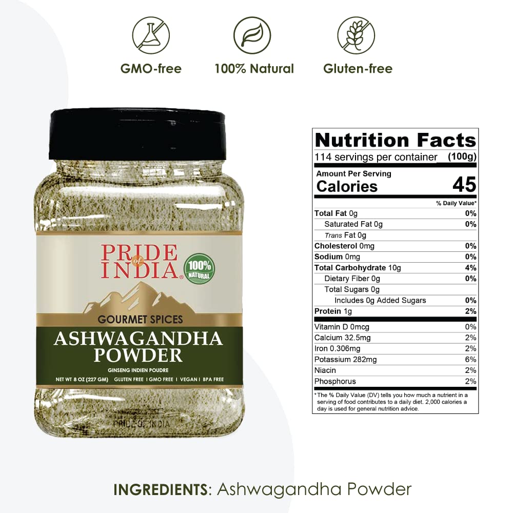 Pride Of India Natural Ashwagandha Root, 8 oz. Medium Dual Sifter Jar, Pack of 6, Gluten-Free, No Additives