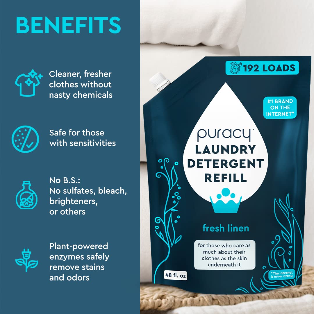 Puracy Liquid Laundry Detergent Refill - 48 Fl Oz, Natural & Scent-Free, 192 Loads, Dioxane Free, Stain Fighting Enzymes, Fresh Linen