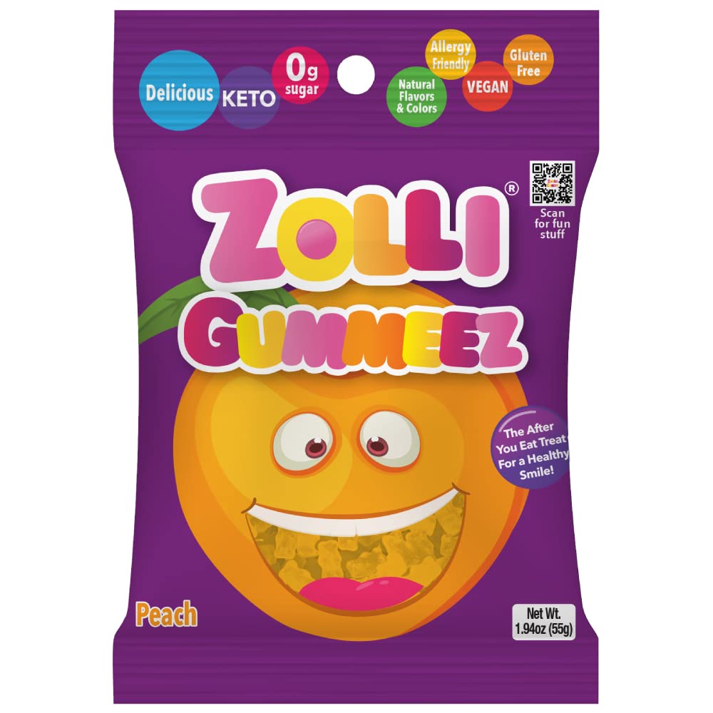 Zolli Gummies Peach - Delicious Zero Sugar, Allergy-Free, KETO, Vegan Clean Teeth Candy - 1.94oz for a Peachy and Dental-Friendl