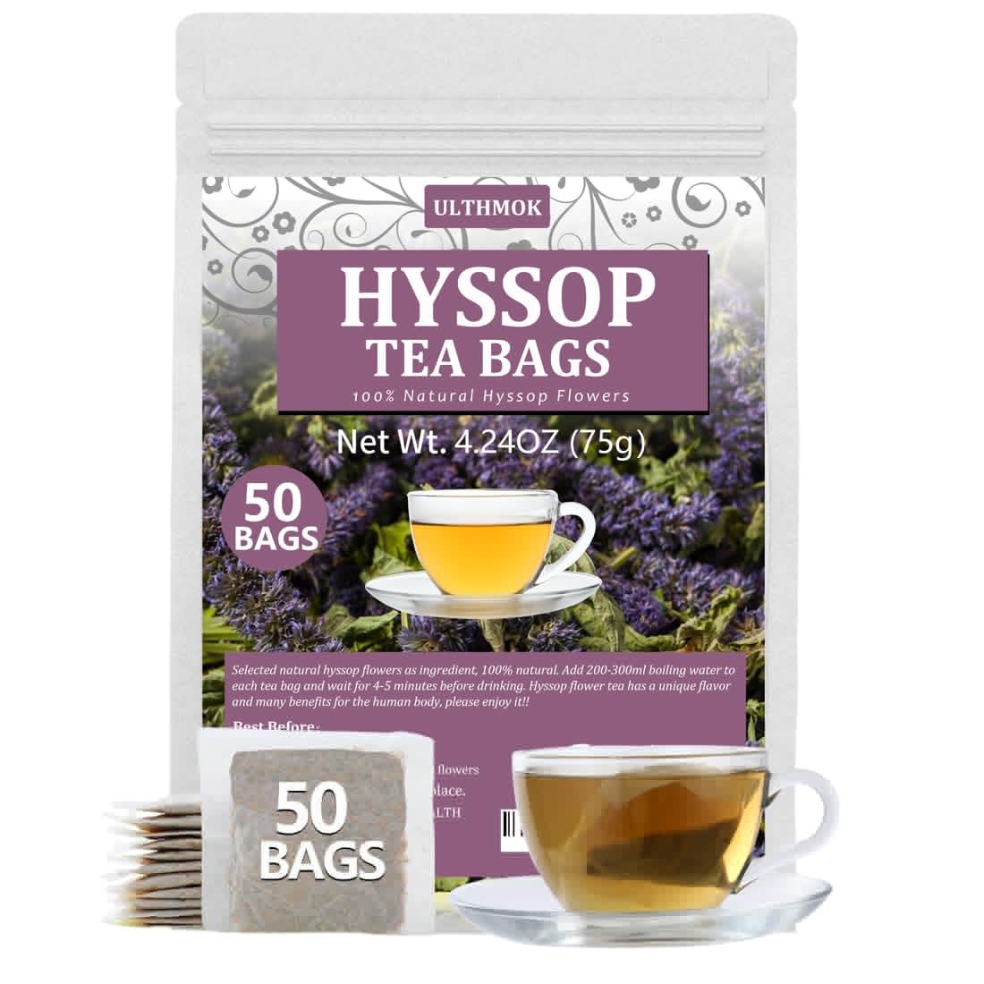Top-Grade 50 Hyssop Tea Bags  Made With Natural Hyssop Flowers  Support Digestion & Promote Relaxation  No Artificial Flavors & Energy Blend Free.