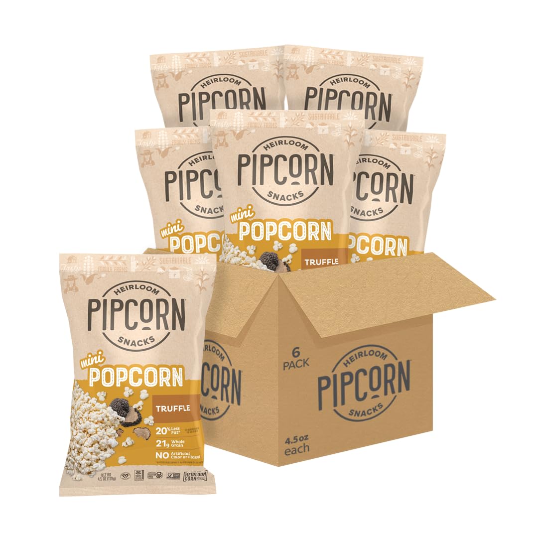 Heirloom Truffle Mini Popcorn By Pipcorn - 4.5Oz 6Pk - Healthy Snacks, Gluten Free Snacks, Heirloom Corn, Salty Snacks, Black Tr
