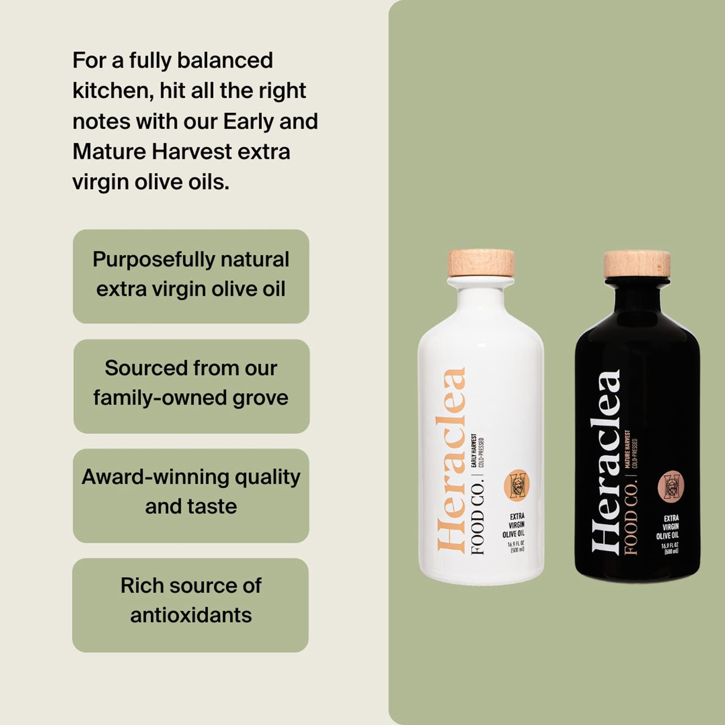 Heraclea Extra Virgin Olive Oil - Organic Cold Pressed EVOO, Polyphenol Rich, 16.9oz Bottle, Mature Harvest