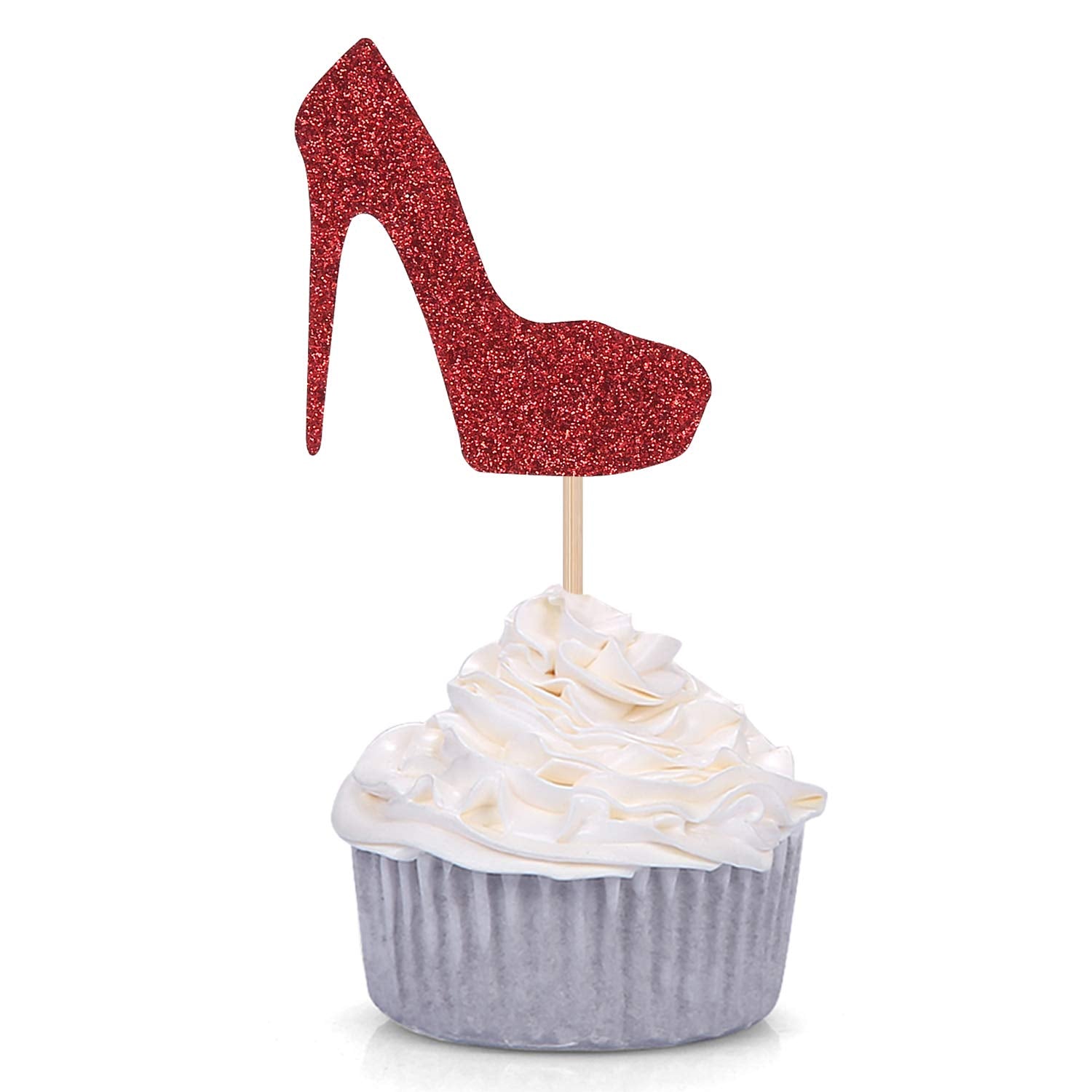 Pack Of 24 Red Glitter High Heel Cupcake Toppers For Wedding Engagement Bridal Shower Party Stiletto Pump Decorations 