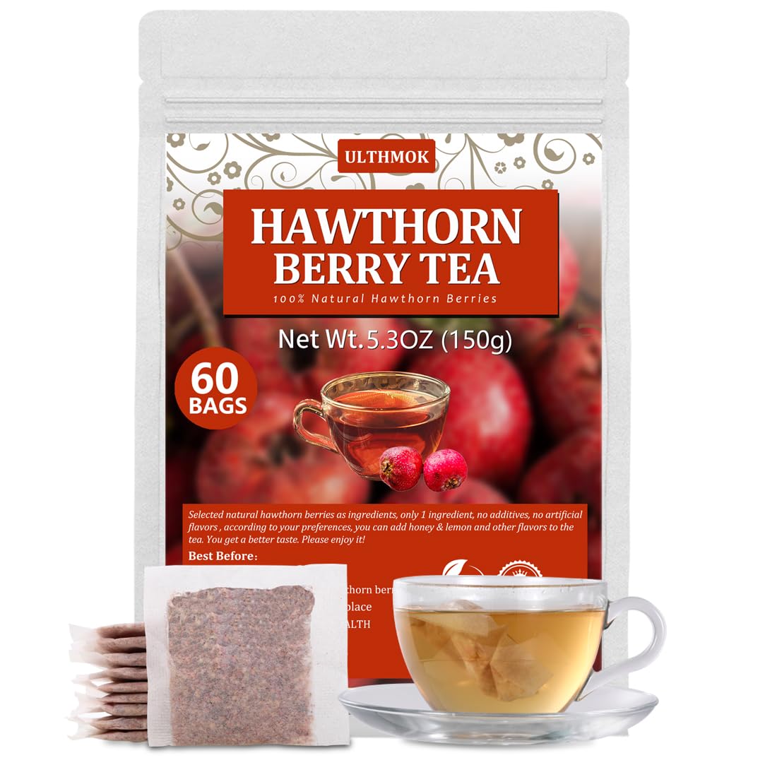 Top-Grade 60 Hawthorn Berry Tea Bags  Made With 100% Natural Hawthorn Berries  Aid Digestion & Provide Antioxidants  No Additives & Energy Blend Free.