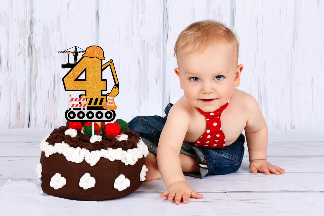 Construction Cake Topper For Boys Girls 4Th Happy Birthday Construction Theme Party Supplies Building Truck Tractor Crane Excava
