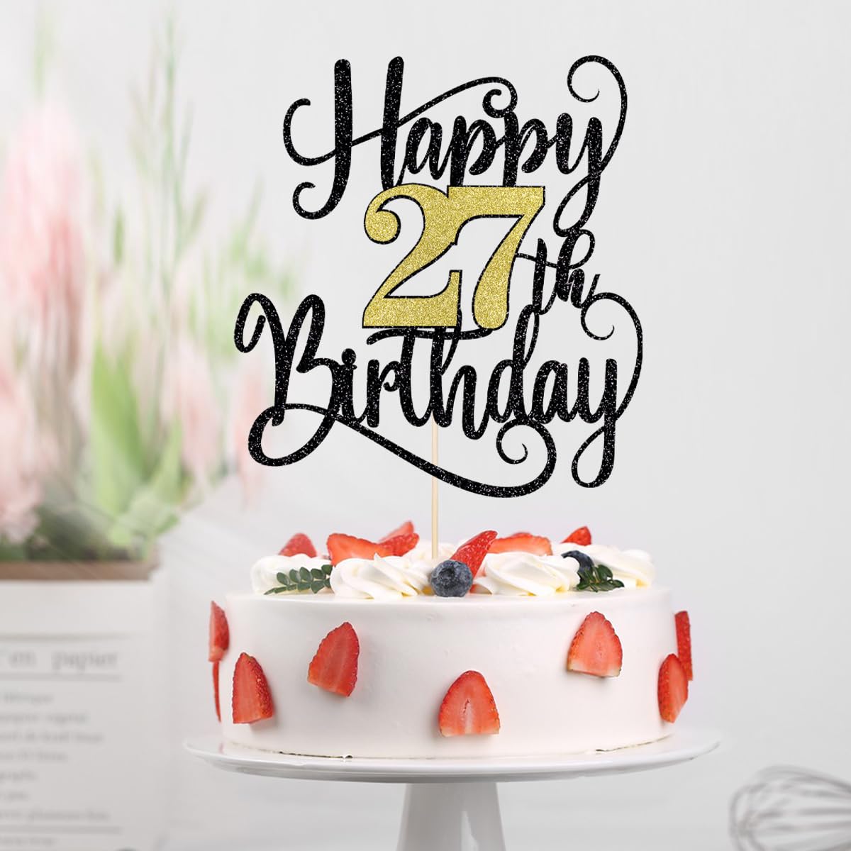 Happy 27Th Birthday Cake Topper, 27 Birthday Party Cake Decorations (Black And Gold Flashes, 27Th)