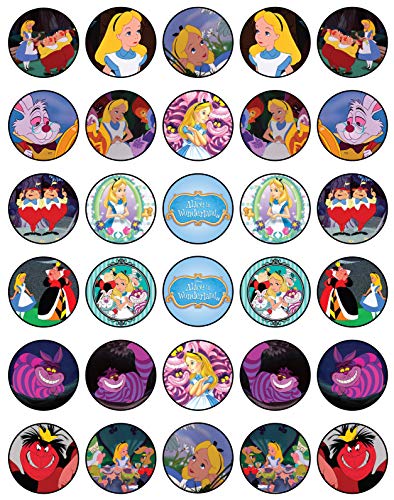 30 X Edible Cupcake Toppers Themed Of Alice In Wonderland Collection Of Edible Cake Decorations | Uncut Edible On Icing Sheet
