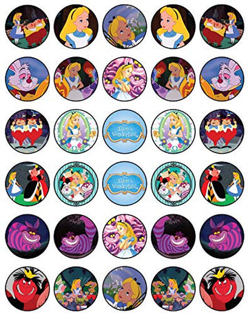 30 X Edible Cupcake Toppers Themed Of Alice In Wonderland Collection Of Edible Cake Decorations | Uncut Edible On Icing Sheet