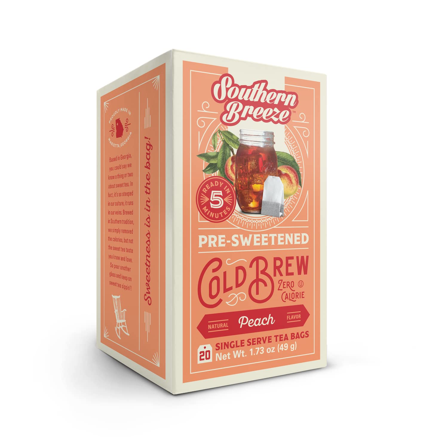 Southern Breeze Cold Brew Sweet Tea Peach Iced Tea With Black Tea And Zero Carbs Zero Sugar, 20 Individually Wrapped Tea Bags Southern Sweet Tea Iced Tea Beverage