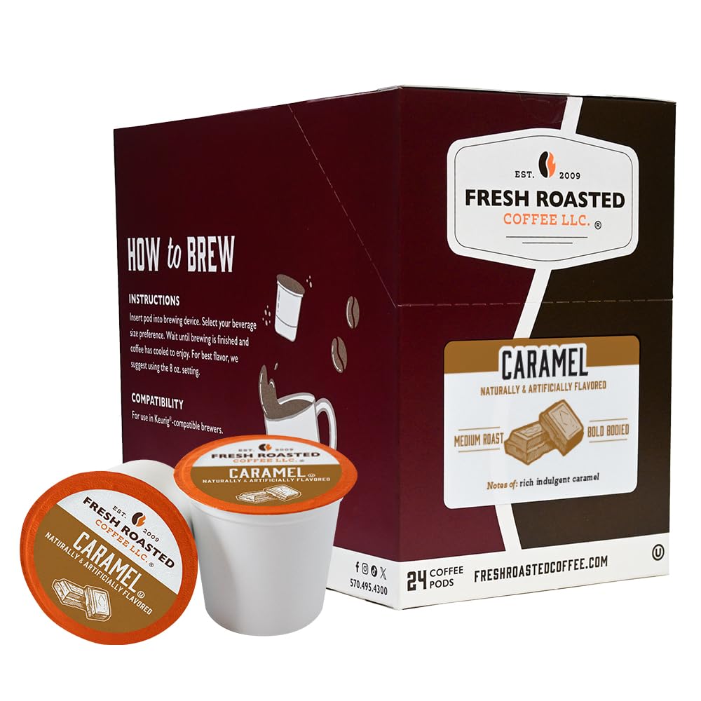 Fresh Roasted Coffee, Caramel, Flavored Coffee Pods, 24 Count