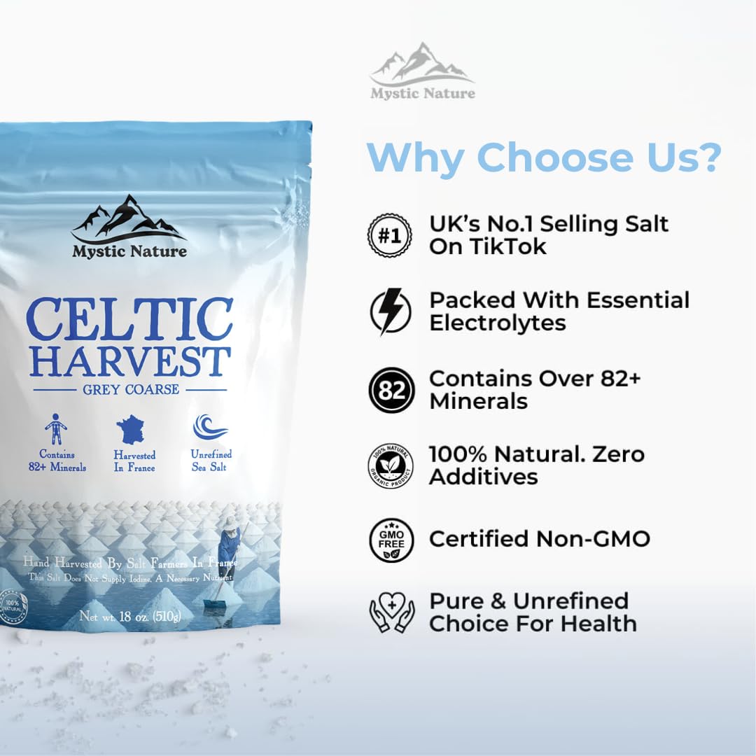 Mystic Nature Celtic Harvest - 1.1 LB | Rich in 82 Essential Minerals | Natural & Unrefined | Hand Harvested Grey Coarse Celtic