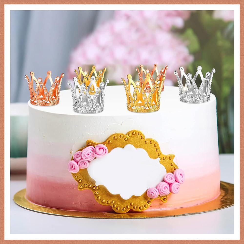 Fulanfudi 16Pcs Mini Crown Cake Topper Crown Tiara Cake Topper Baby Princess Tiara Crown Rhinestone Crown Cake Decorations For B