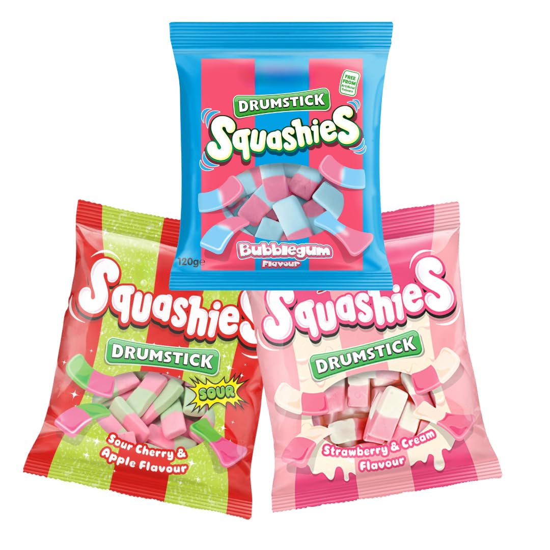 Generic Squashie Drumstick Candy Variety Pack - 3 Flavors (Bubblegum, Sour Cherry & Apple, Strawberry & Cream) - 360g Total
