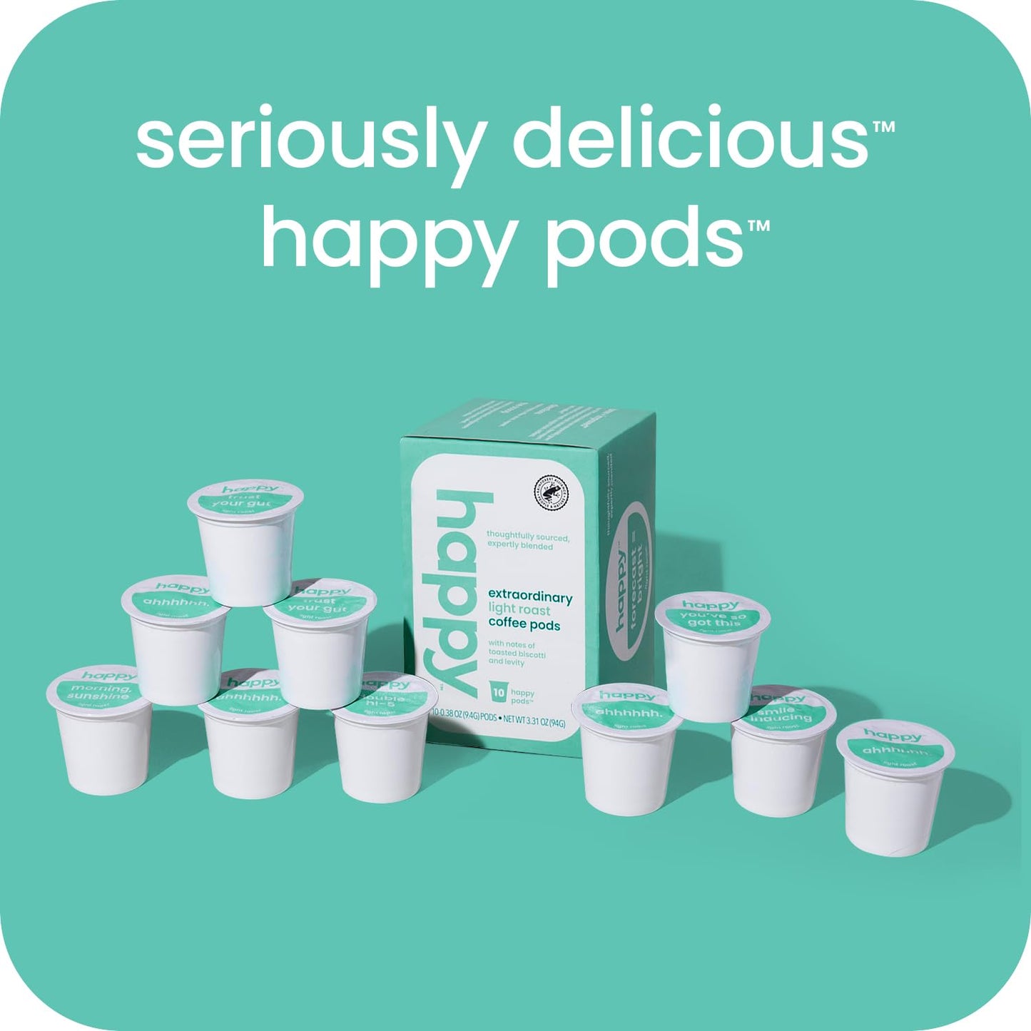Happy Coffee Light Roast Coffee Pods, 10 Count, Notes Of Toasted Biscotti And Levity, Compatible With Most K-Cup Malt-Inspired, Rainforest Alliance Certified