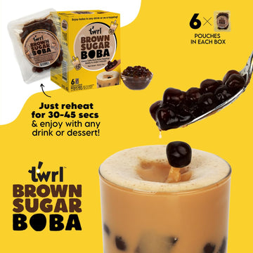 Twrl Brown Sugar Boba Bubble Tea Toppings - Taiwanese Boba Pearls, Cafe-Style Tapioca Milk Tea Topping, Instant - Perfect For Milk Tea And Coffee, Gluten-Free, Plant-Based - Pack Of 6 Single Servings