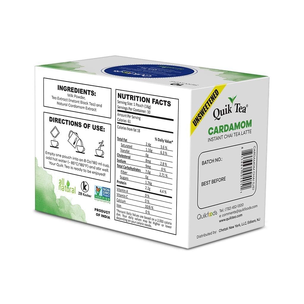 Quiktea Unsweetened Cardamom Chai Tea Latte - 10 Count Single Box - All Natural Preservative Free Authentic Chai