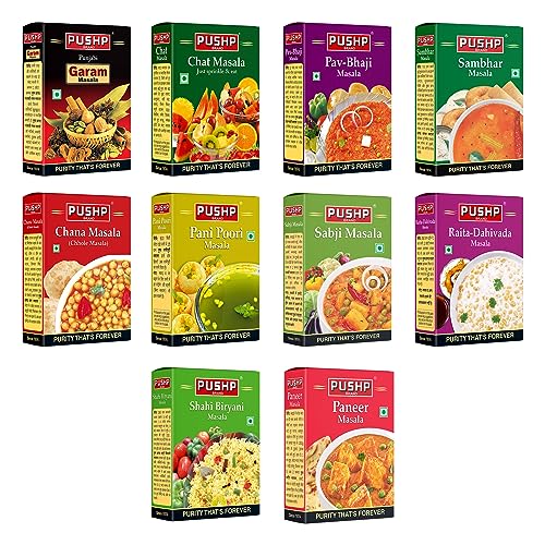 Pushp Brand Combo Pack 50g Each (Punjabi Garam Masala, Chana Masala, Chat Masala, Pav Bhaji Masala, Sambhar Masala, Biryani Masa
